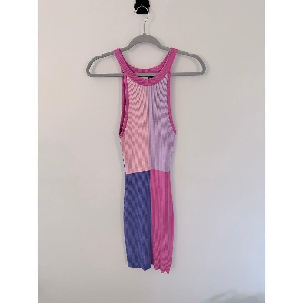 Dee Elly Pink Purple Colorblock Knit Body-con Tank Sweater Dress-Size L